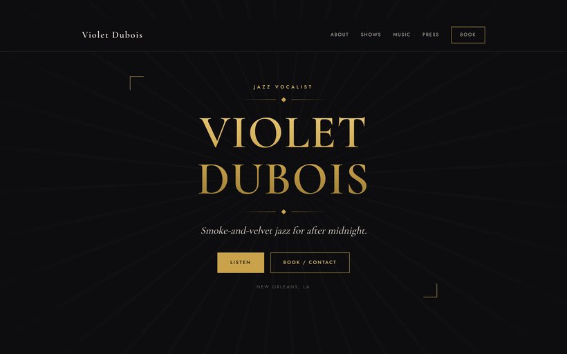 The Art Deco EPK template by EPKITNOW, built for Jazz & Soul artists