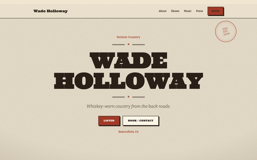 The Americana EPK template by EPKITNOW, built for Country & Folk artists