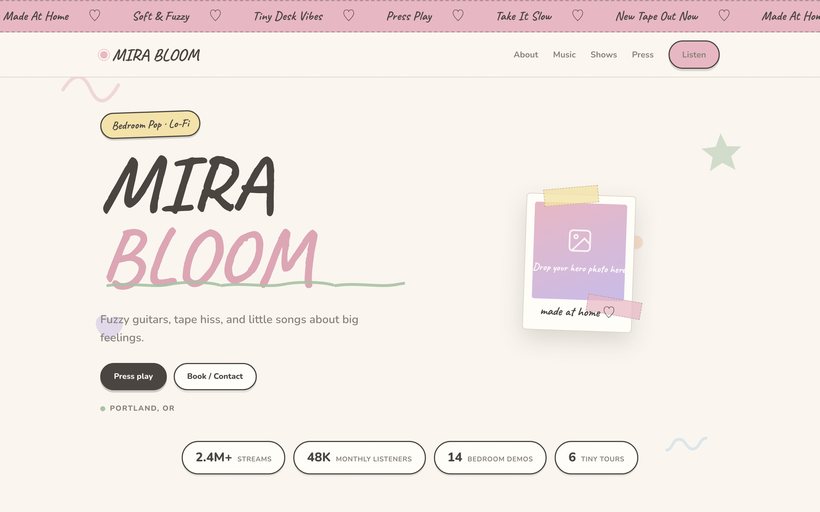 The Bedroom EPK template by EPKITNOW, built for Lo-Fi & Bedroom Pop artists