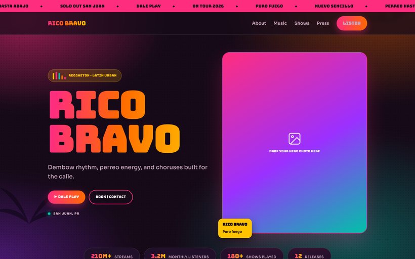 The Fuego EPK template by EPKITNOW, built for Reggaeton & Latin artists